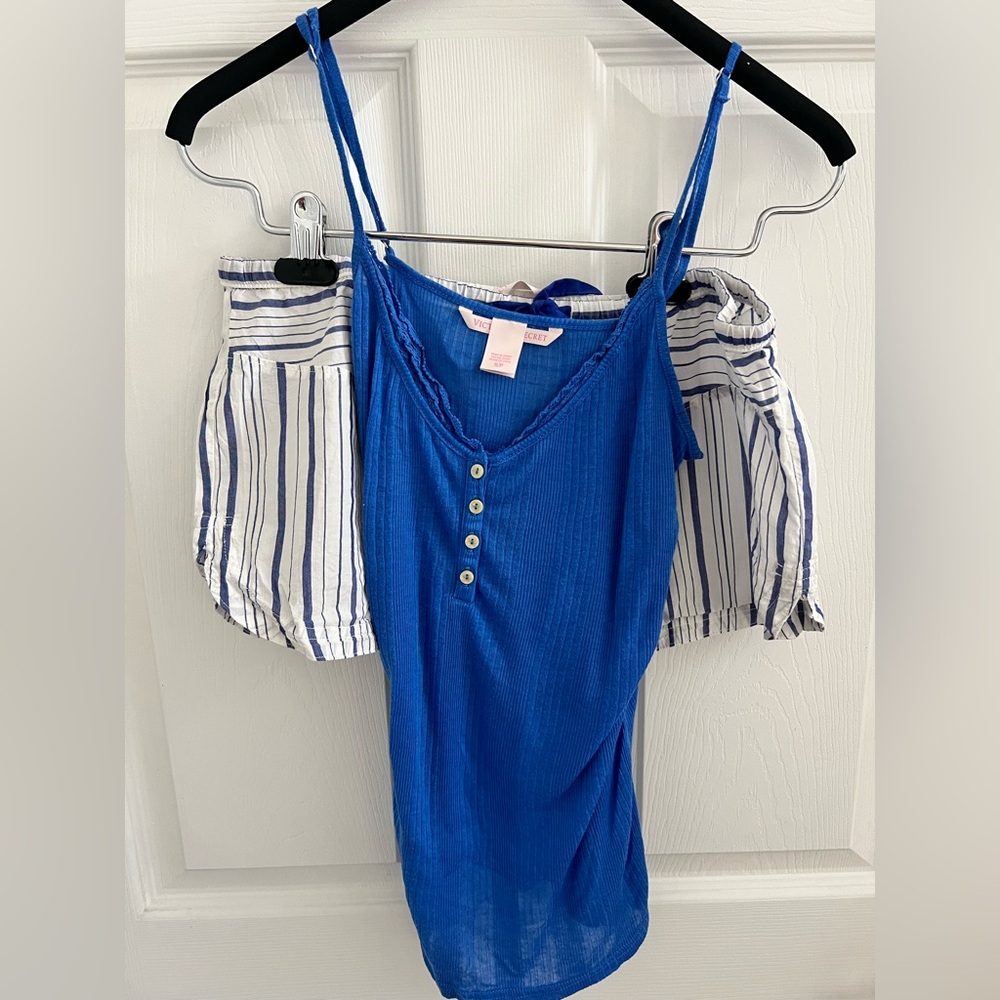 Victoria’s Secret Blue Tank Top and Striped Shorts Set Size SMALL